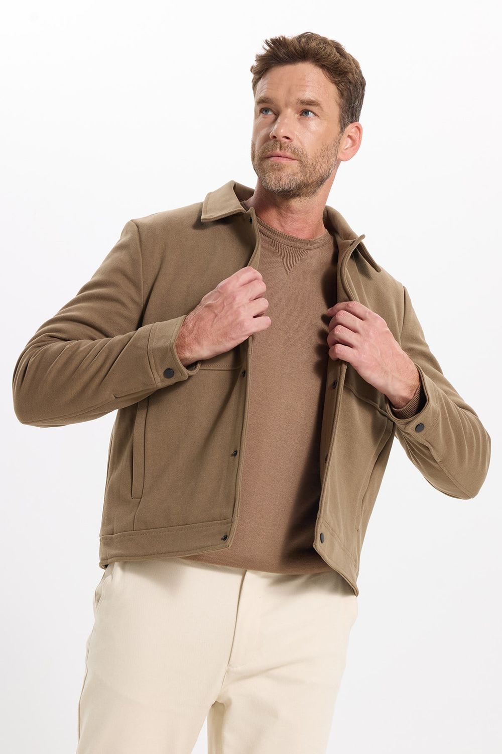 Erkek Slim Fit Dar Kesim Çift Cepli Çıtçıt Kapamalı Kahverengi Mont