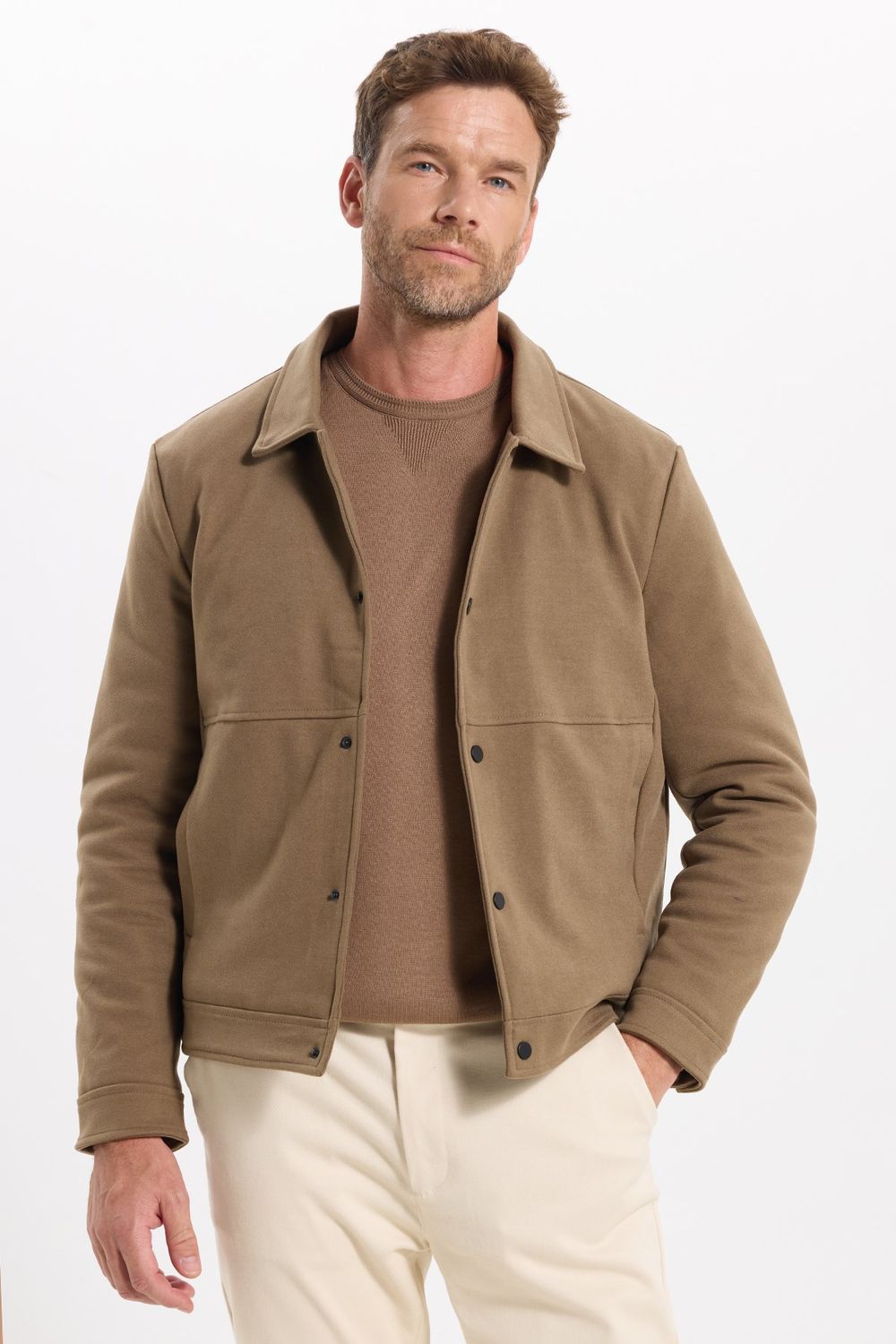 Erkek Slim Fit Dar Kesim Çift Cepli Çıtçıt Kapamalı Kahverengi Mont