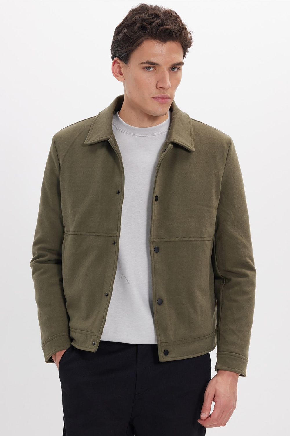 Erkek Slim Fit Dar Kesim Çift Cepli Çıtçıt Kapamalı Haki Mont