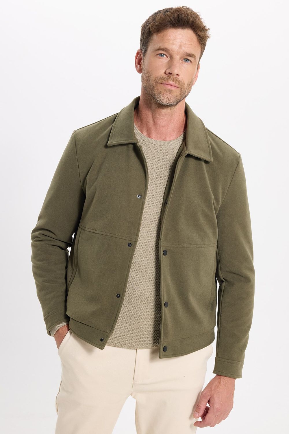 Erkek Slim Fit Dar Kesim Çift Cepli Çıtçıt Kapamalı Haki Mont