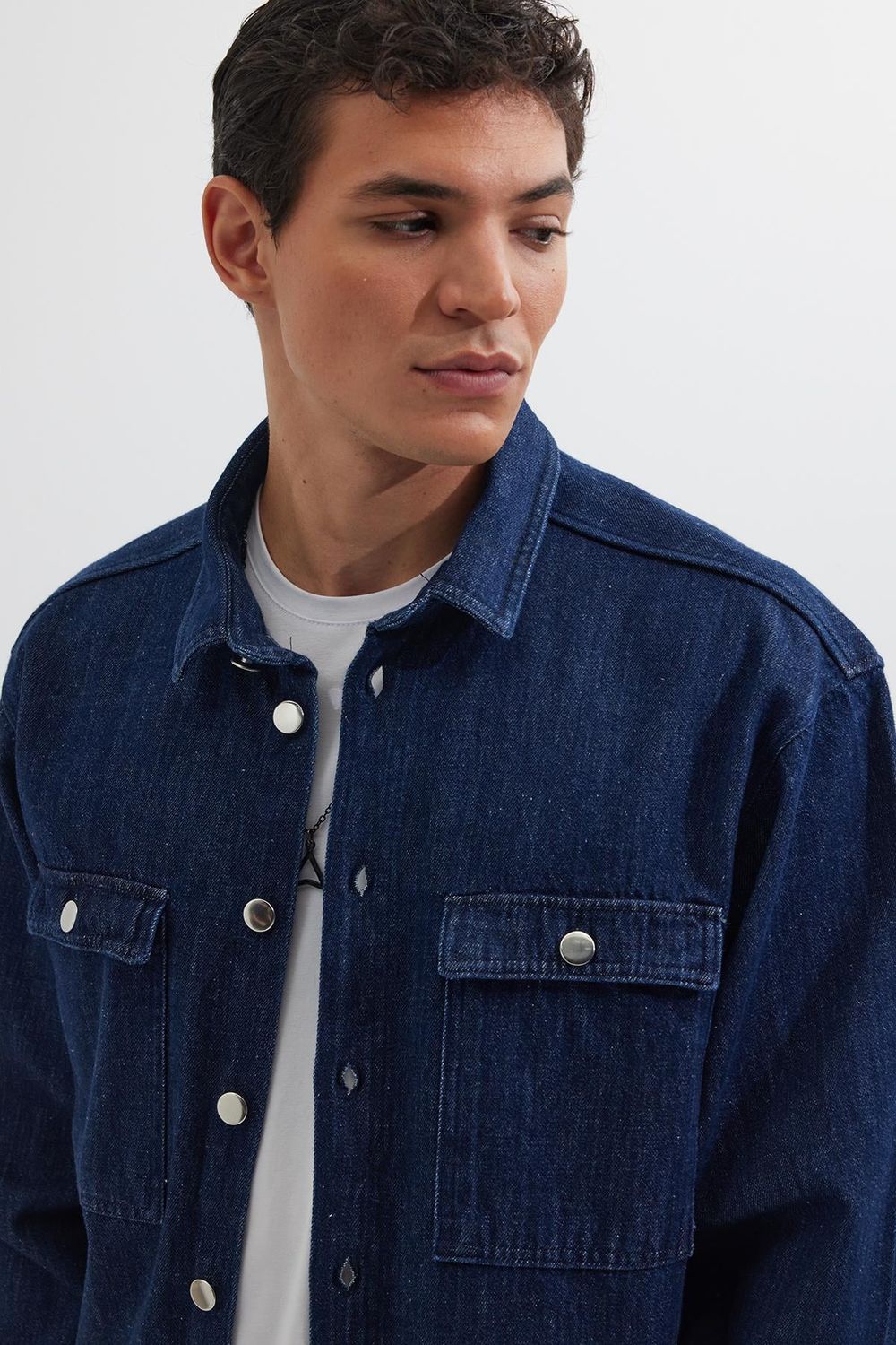 Unisex Oversize Geniş Kesim Denim Kot Çift Cepli Lacivert Overshirt Ceket Tarzı Gömlek