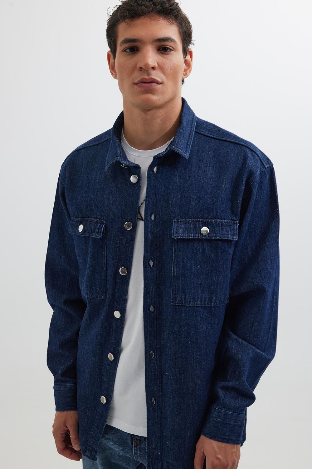 Unisex Oversize Geniş Kesim Denim Kot Çift Cepli Lacivert Overshirt Ceket Tarzı Gömlek