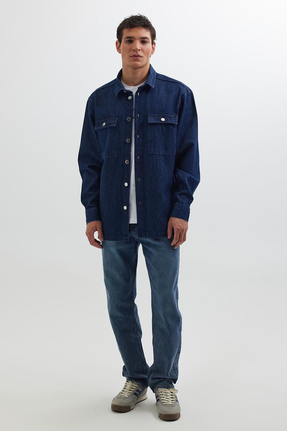 Unisex Oversize Geniş Kesim Denim Kot Çift Cepli Lacivert Overshirt Ceket Tarzı Gömlek