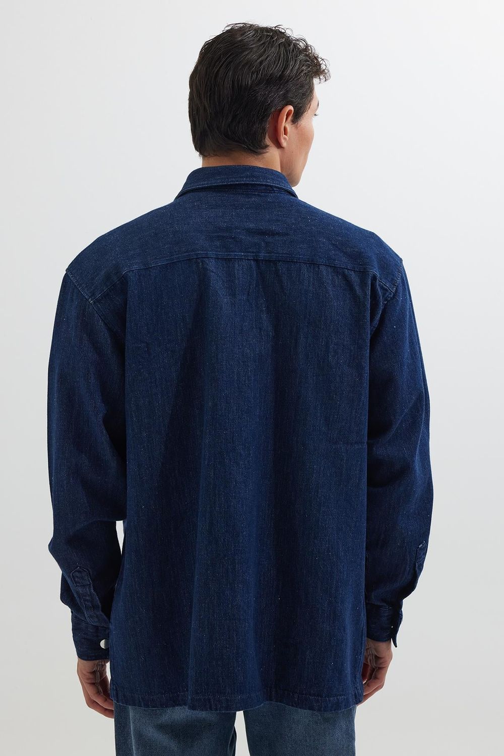Unisex Oversize Geniş Kesim Denim Kot Çift Cepli Lacivert Overshirt Ceket Tarzı Gömlek