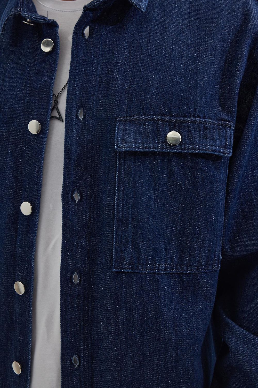 Unisex Oversize Geniş Kesim Denim Kot Çift Cepli Lacivert Overshirt Ceket Tarzı Gömlek
