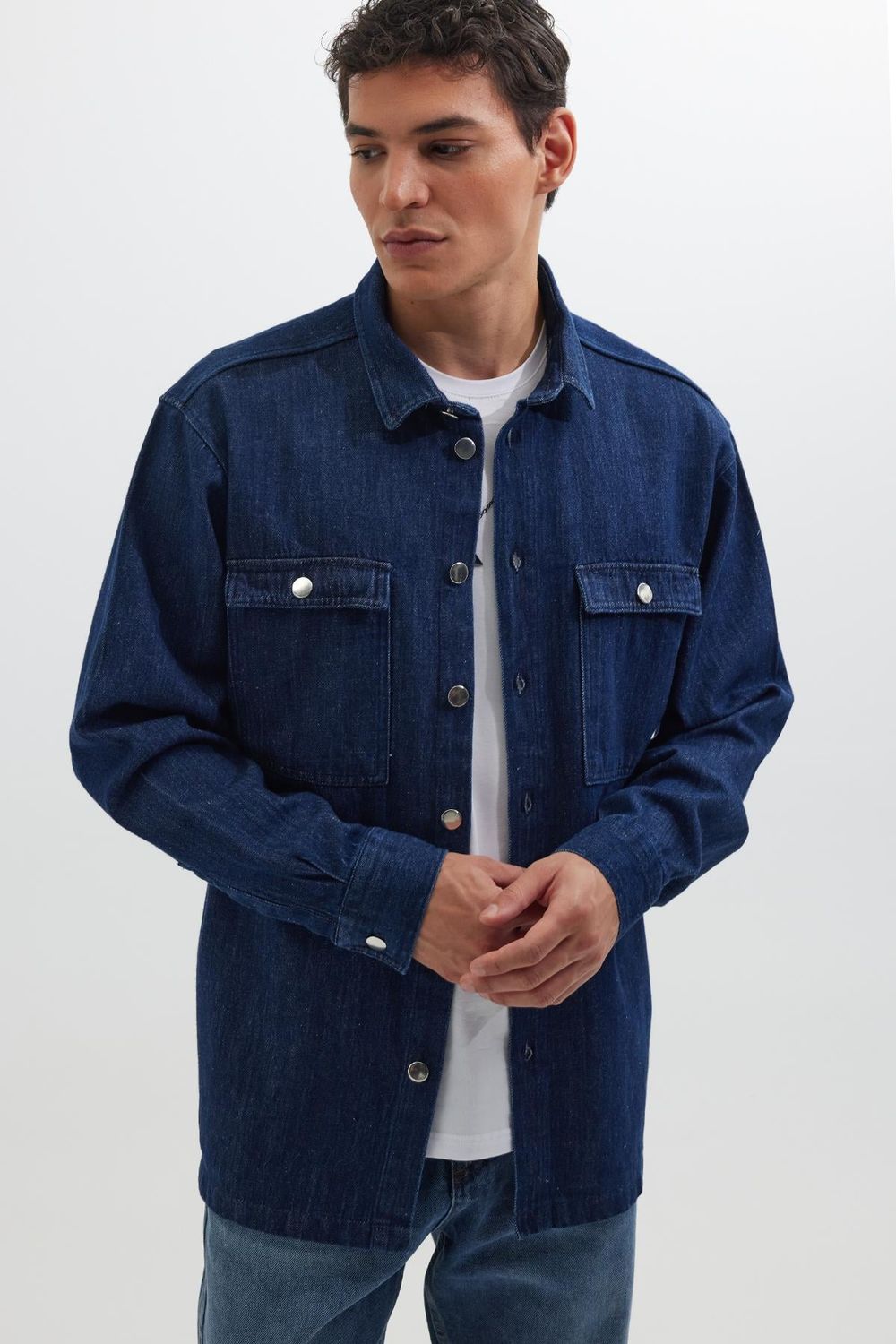 Unisex Oversize Geniş Kesim Denim Kot Çift Cepli Lacivert Overshirt Ceket Tarzı Gömlek