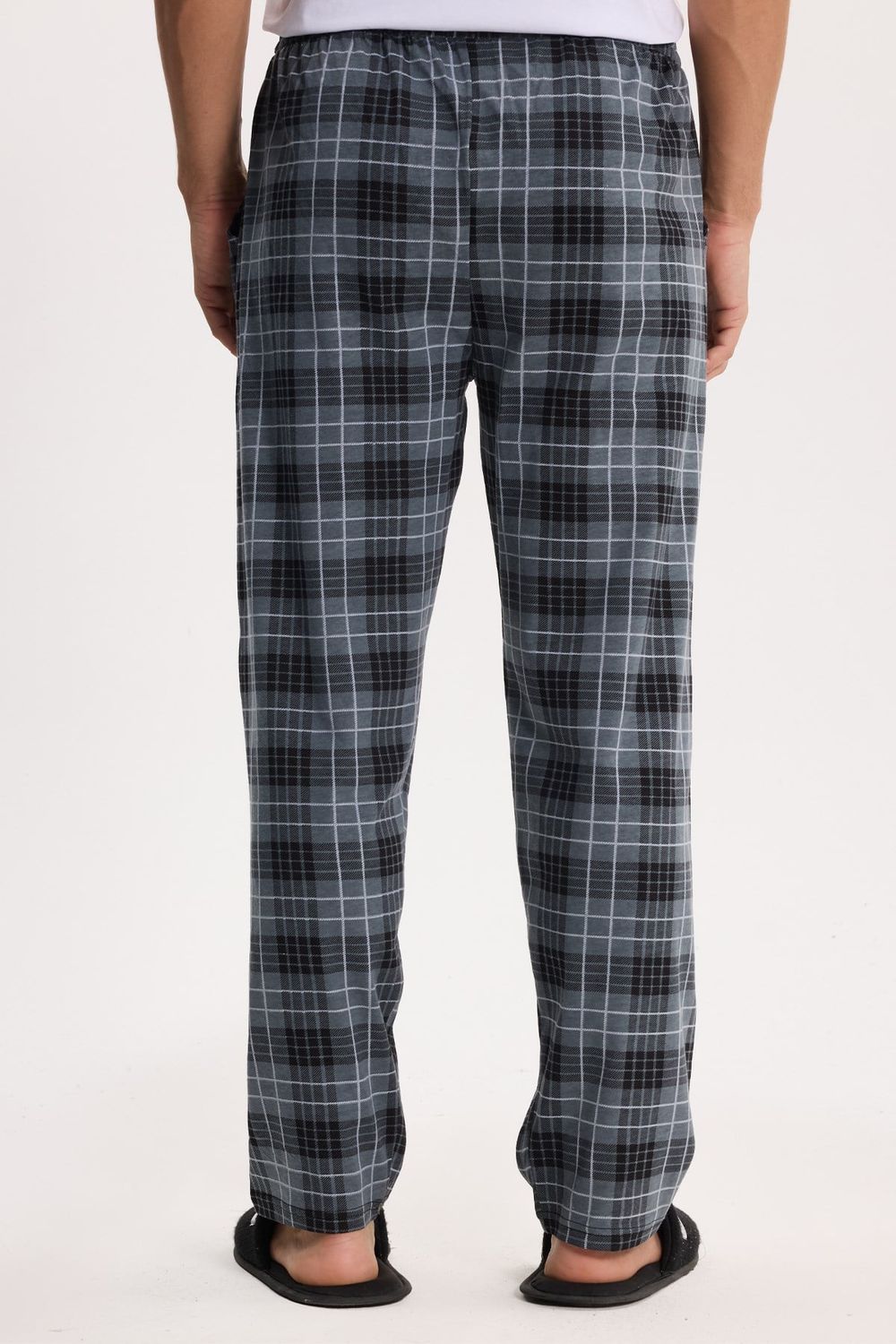 Erkek Standart Fit Normal Kesim Pamuklu Kareli Beli Bağcıklı Cepli Gri Pijama Altı