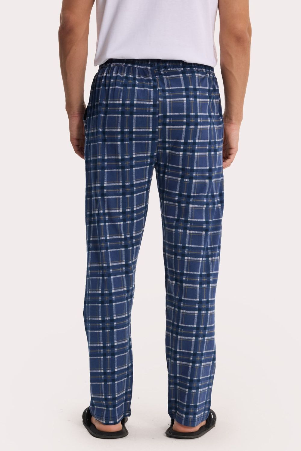 Erkek Standart Fit Normal Kesim Pamuklu Kareli Beli Bağcıklı Cepli  Lacivert Pijama Altı