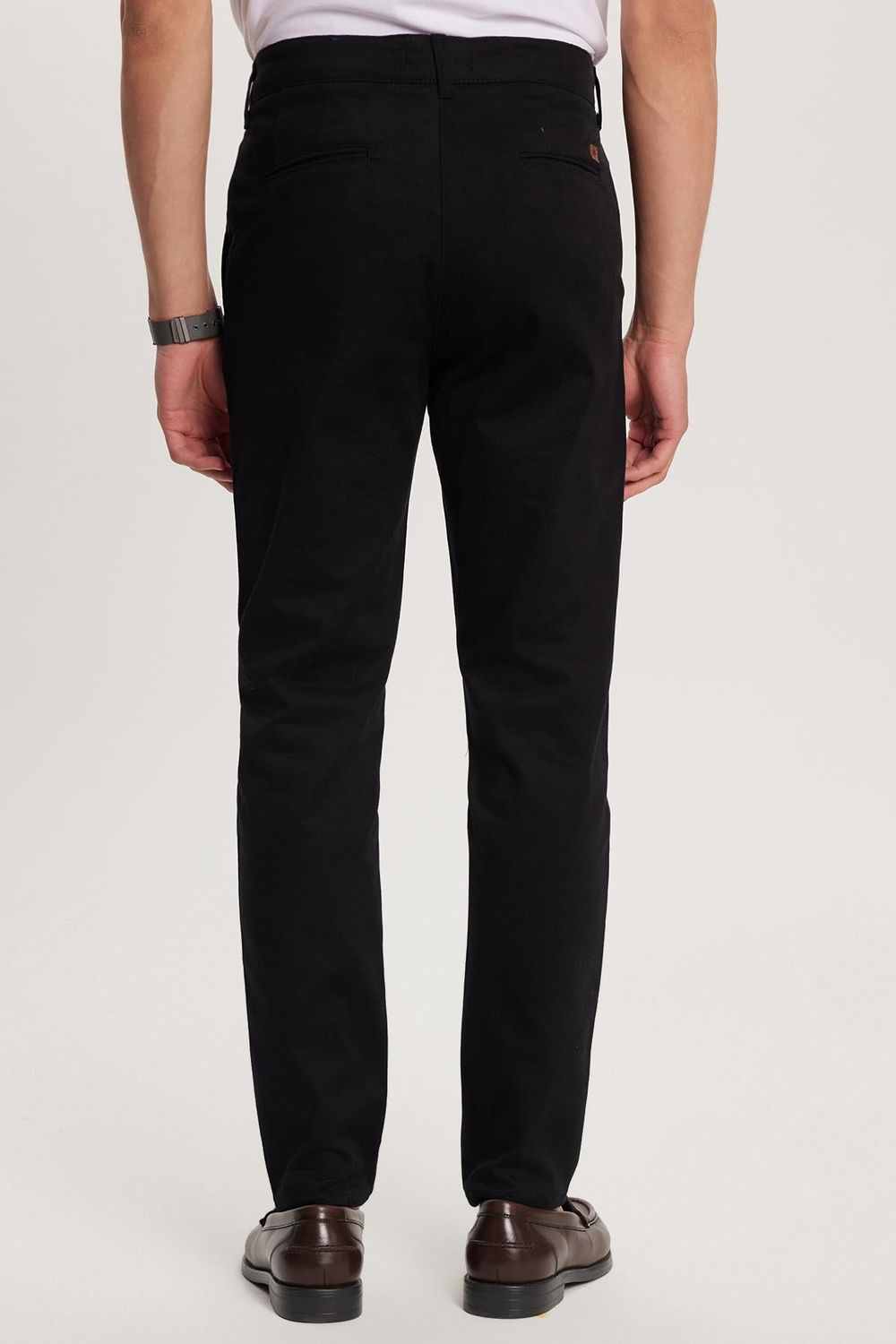 Erkek Regular Fit Chino Esnek Yandan Cepli Önü Fermuarlı Pamuklu Dokulu Siyah Pantolon