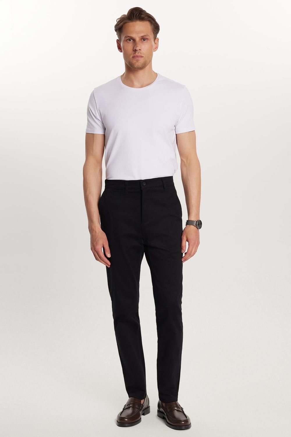 Erkek Regular Fit Chino Esnek Yandan Cepli Önü Fermuarlı Pamuklu Dokulu Siyah Pantolon