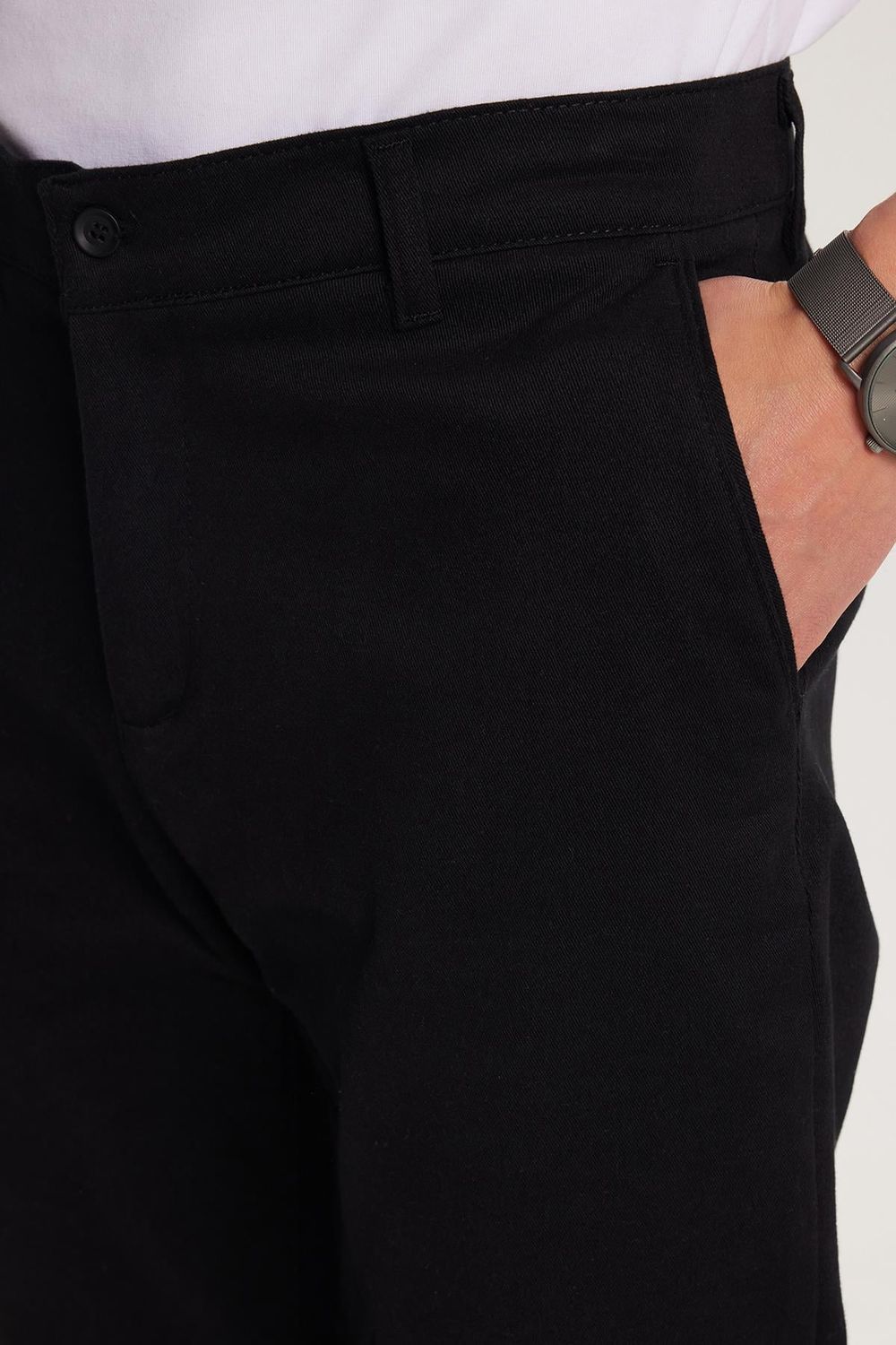 Erkek Regular Fit Chino Esnek Yandan Cepli Önü Fermuarlı Pamuklu Dokulu Siyah Pantolon