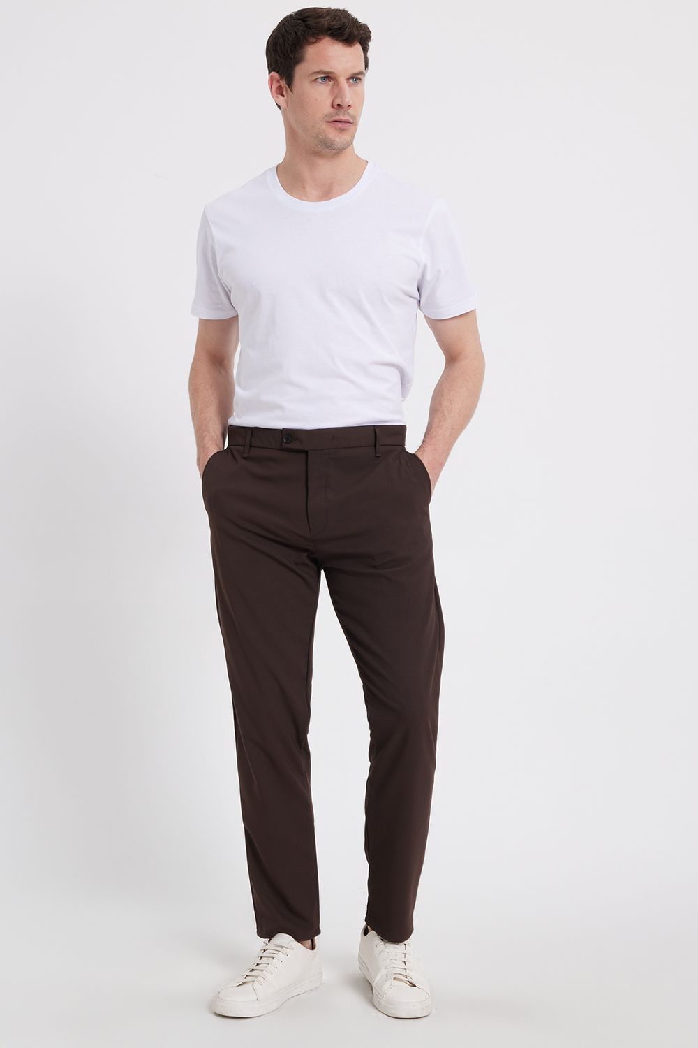 Erkek Slim Fit Dar Kesim Esnek Yan Cepli Bilek Boy Canvas Kesim Kahverengi Pantolon