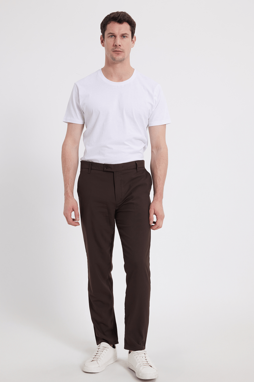 Erkek Slim Fit Dar Kesim Esnek Yan Cepli Bilek Boy Canvas Kesim Kahverengi Pantolon