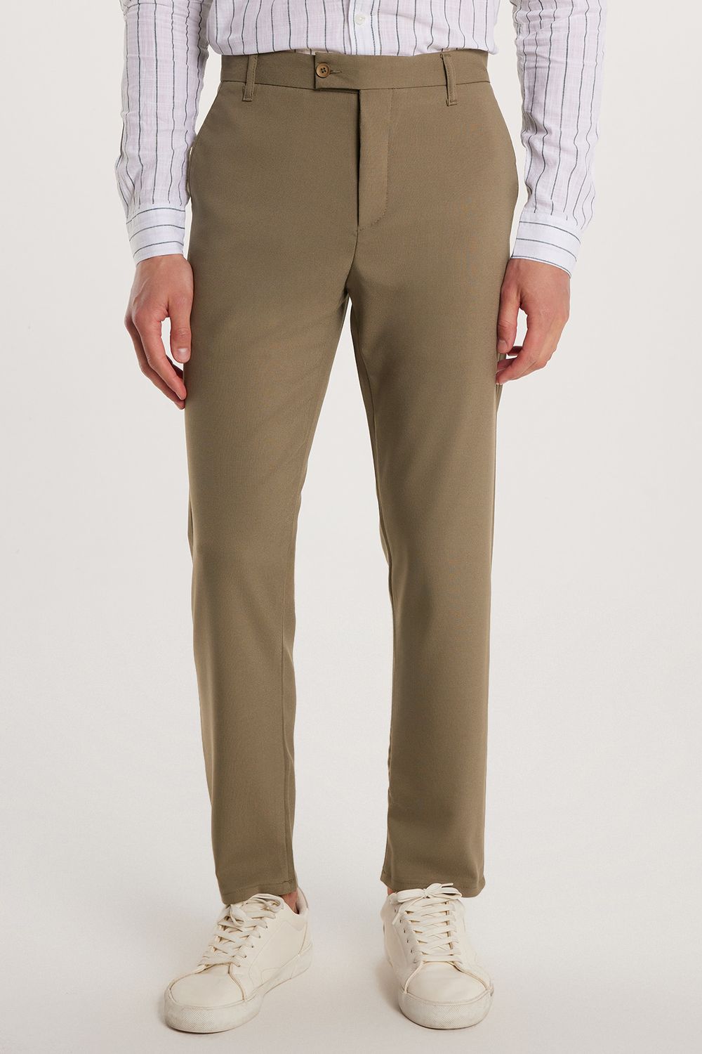 Erkek Slim Fit Dar Kesim Esnek Yan Cepli Bilek Boy Canvas Kesim Açık Haki Pantolon