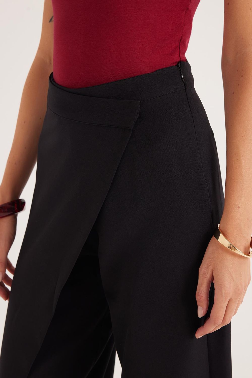 Kadın Standart Fit Geniş Paça Siyah Double Pantolon