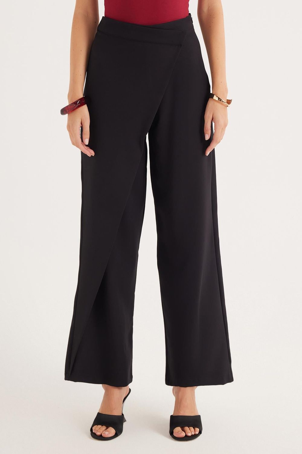 Kadın Standart Fit Geniş Paça Siyah Double Pantolon