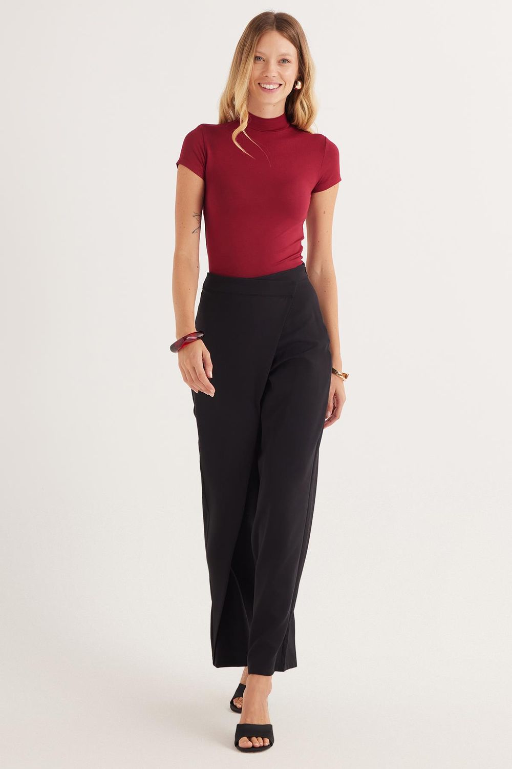 Kadın Standart Fit Geniş Paça Siyah Double Pantolon