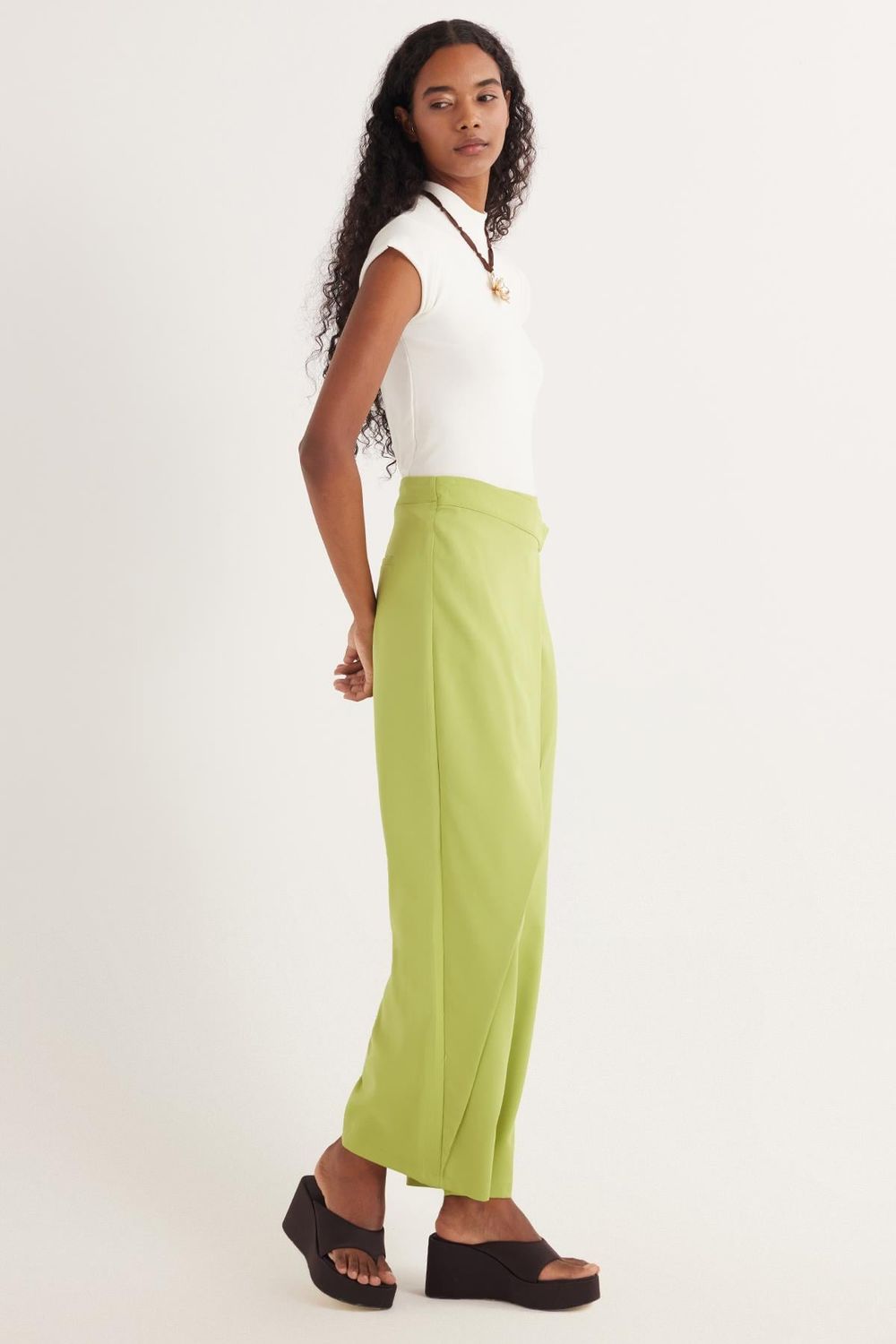 Kadın Standart Fit Geniş Paça Yeşil Double Pantolon