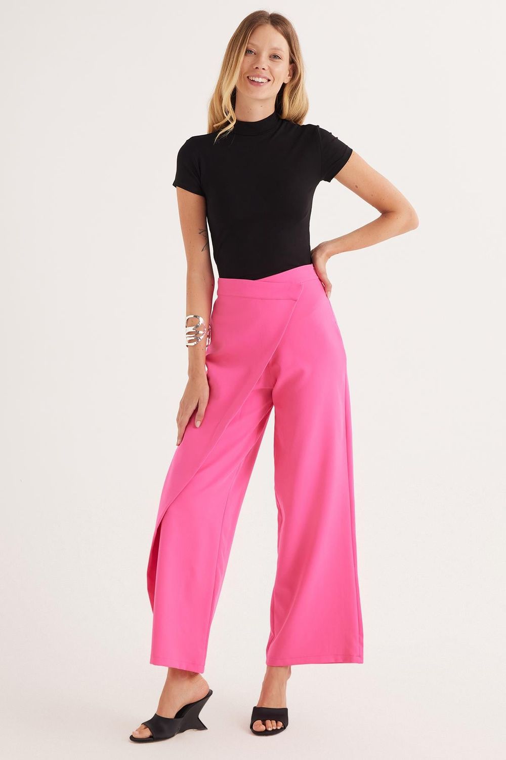 Kadın Standart Fit Geniş Paça Fuşya Double Pantolon