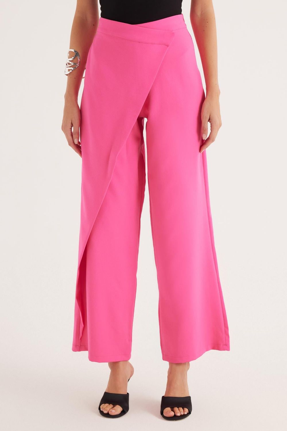 Kadın Standart Fit Geniş Paça Fuşya Double Pantolon