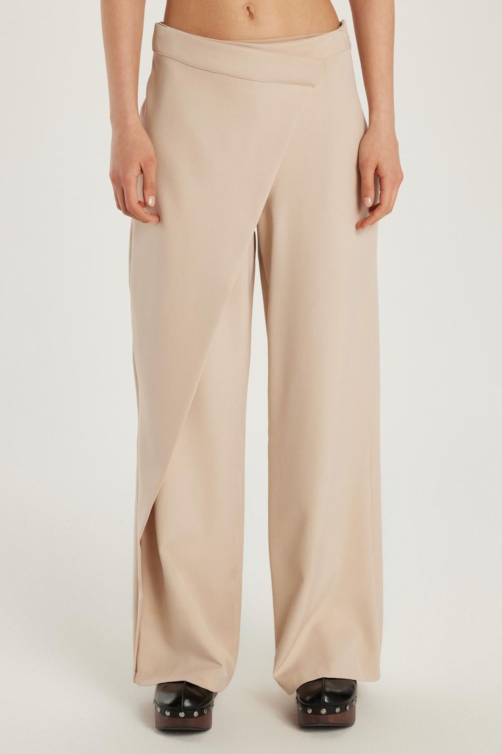 Kadın Standart Fit Geniş Paça Bej Double Pantolon