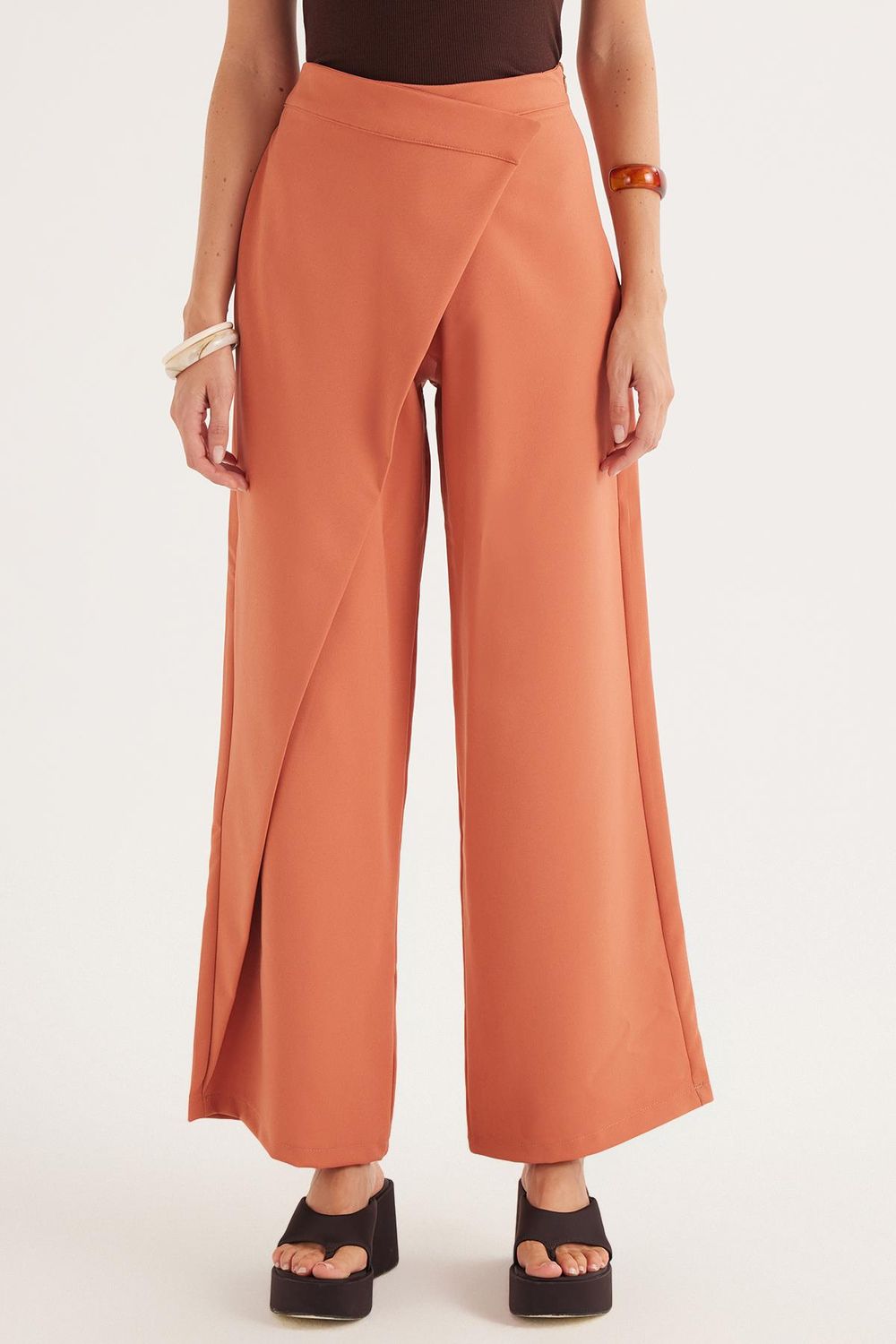 Kadın Standart Fit Geniş Paça Kiremit Double Pantolon