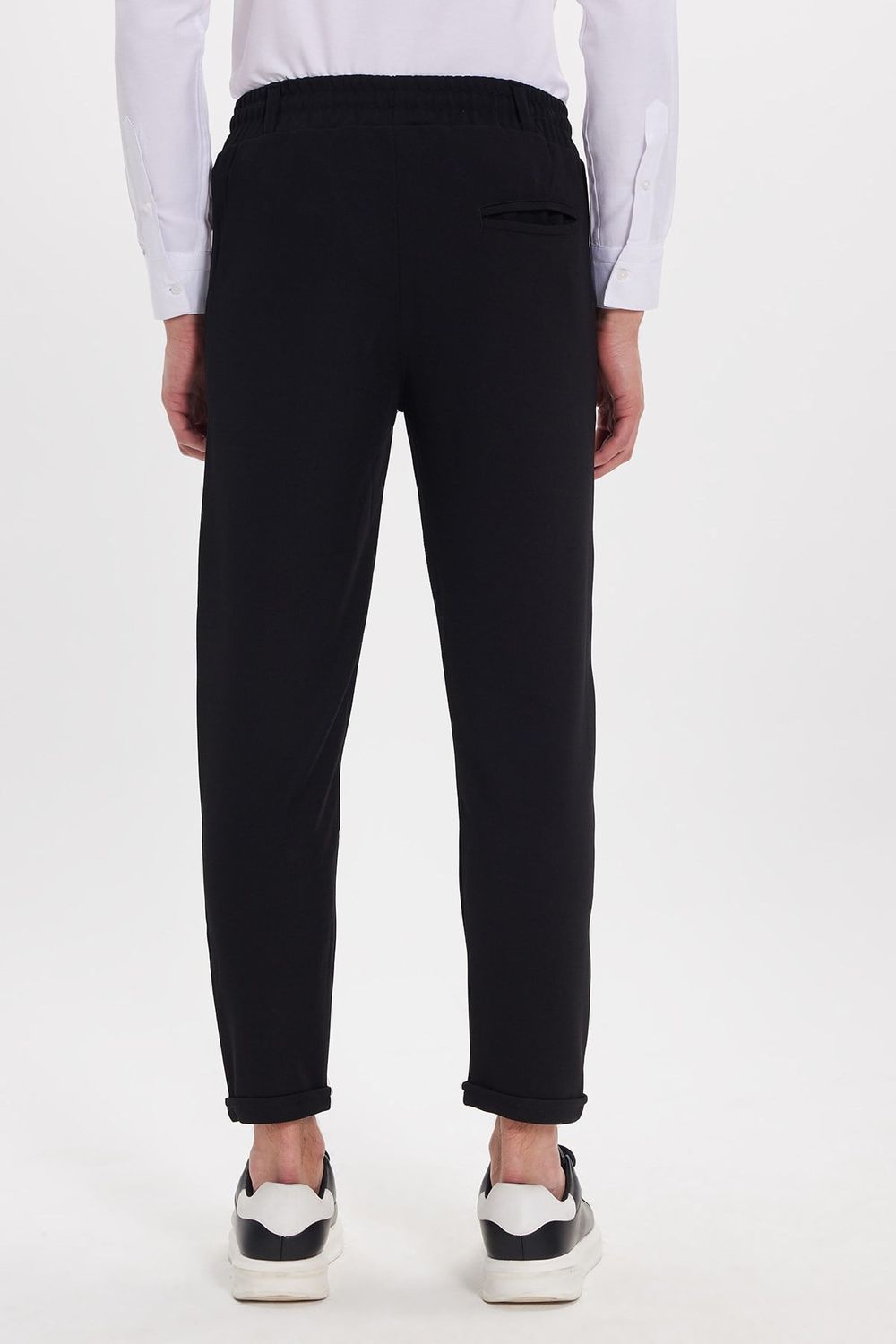 Erkek Slim Fit Pamuklu Beli Bağlamalı Yan Cepli Katlamalı Paça Jogger Siyah Pantolon