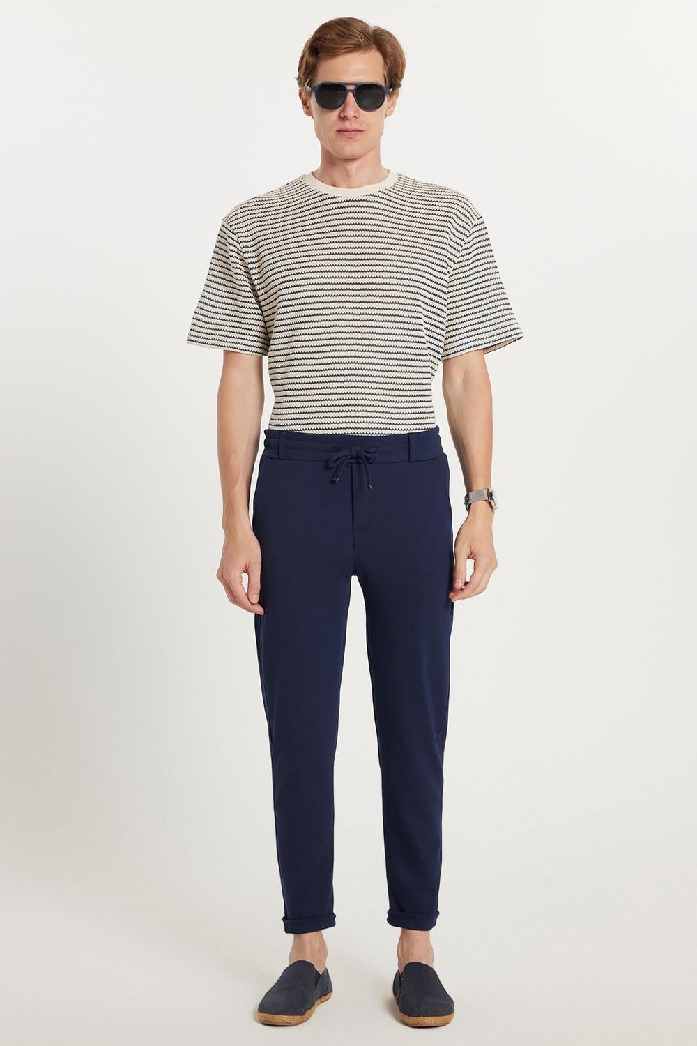 Erkek Slim Fit Pamuklu Beli Bağlamalı Yan Cepli Jogger Lacivert Pantolon