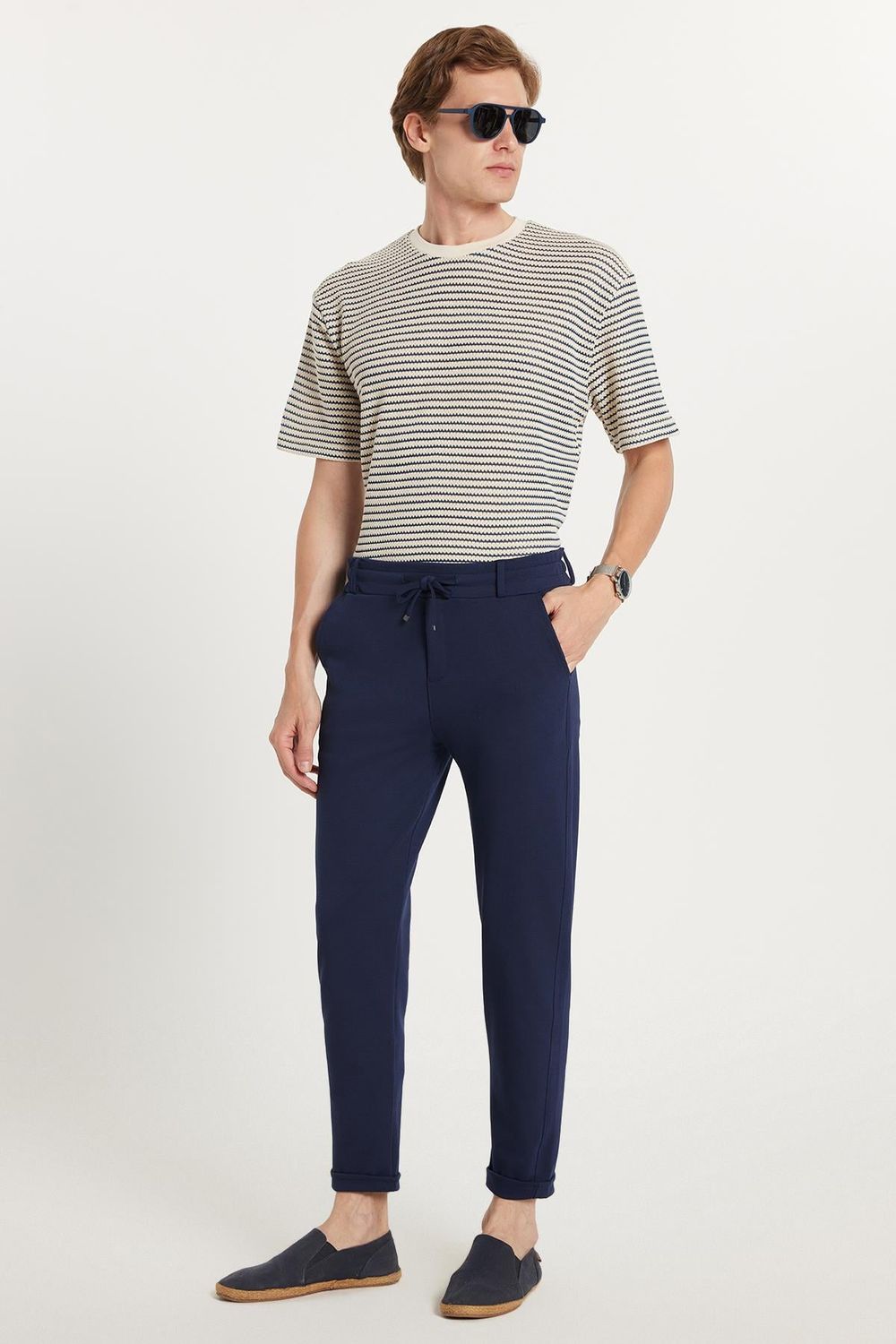 Erkek Slim Fit Pamuklu Beli Bağlamalı Yan Cepli Jogger Lacivert Pantolon