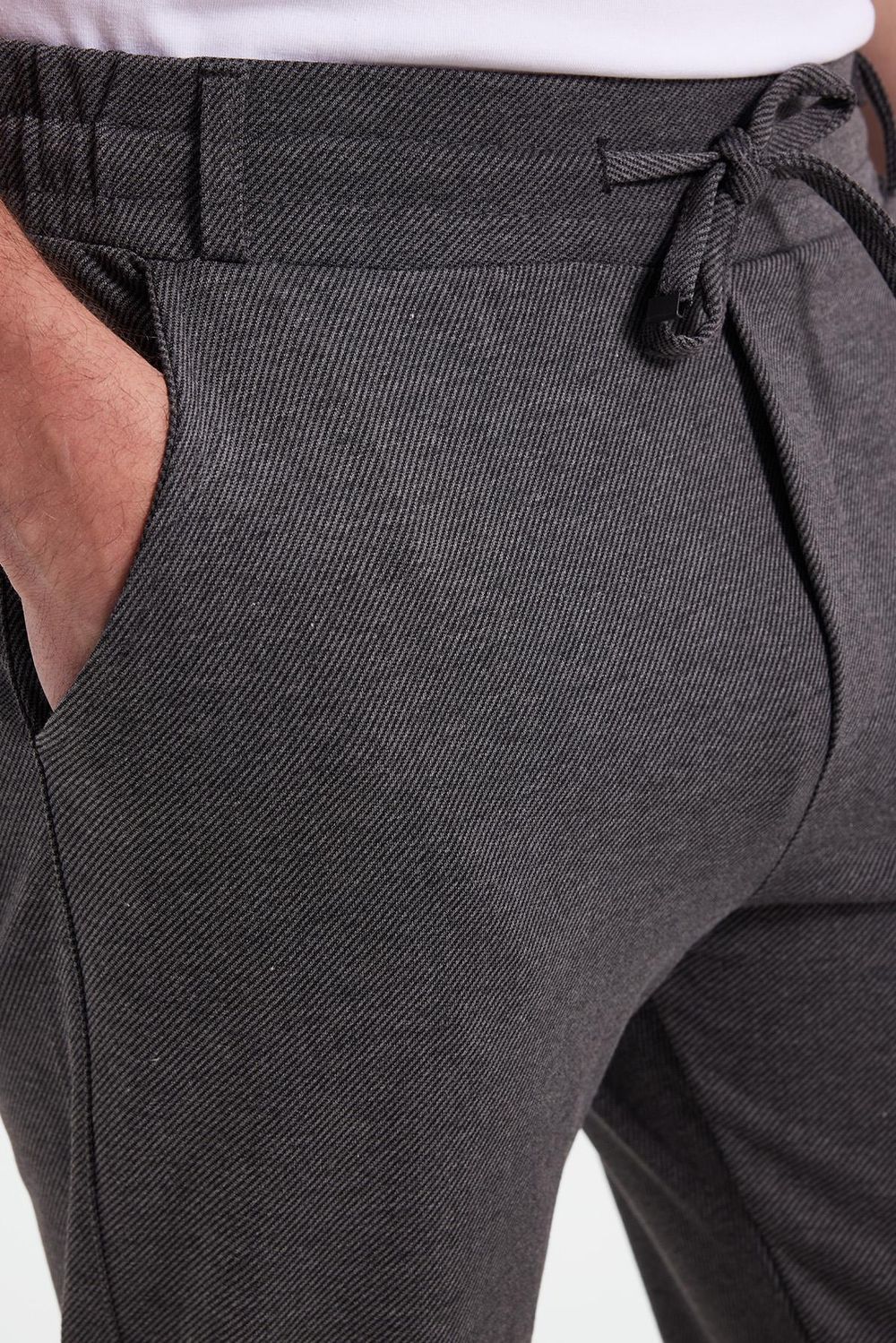 Erkek Slim Fit Pamuklu Beli Bağlamalı Yan Cepli Katlamalı Paça Jogger Gri Pantolon