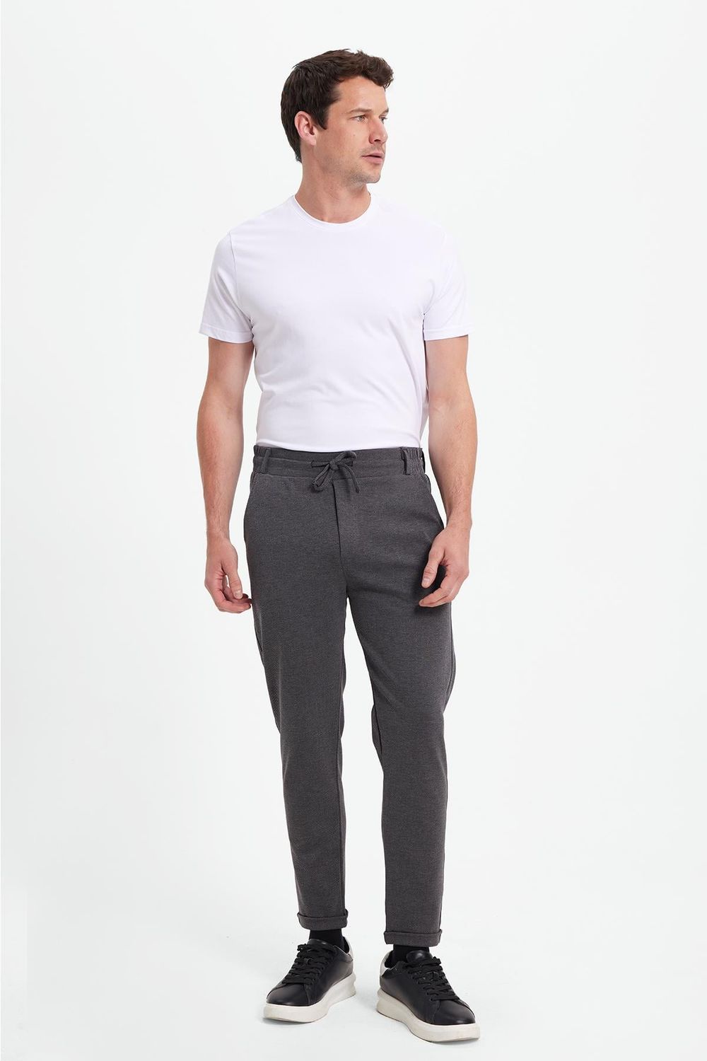 Erkek Slim Fit Pamuklu Beli Bağlamalı Yan Cepli Katlamalı Paça Jogger Gri Pantolon