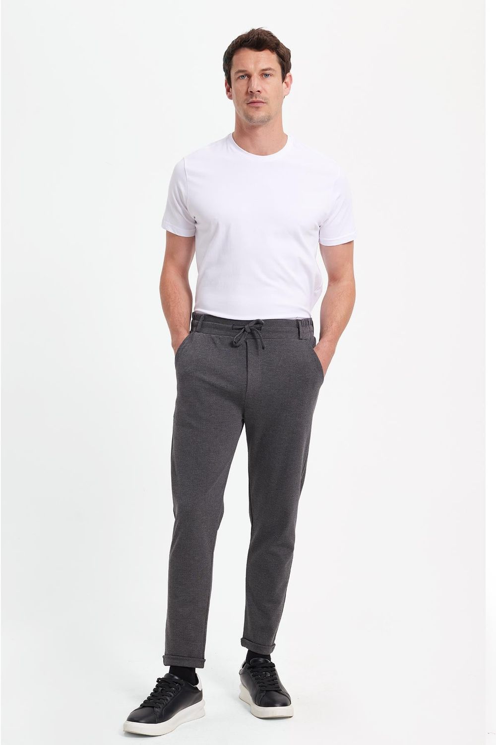 Erkek Slim Fit Pamuklu Beli Bağlamalı Yan Cepli Katlamalı Paça Jogger Gri Pantolon