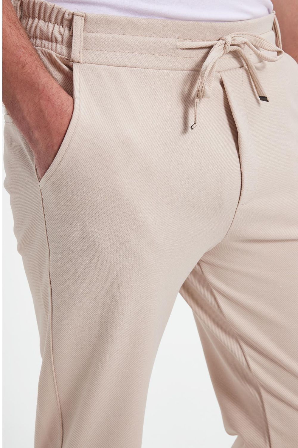 Erkek Slim Fit Pamuklu Beli Bağlamalı Yan Cepli Katlamalı Paça Jogger Bej Pantolon