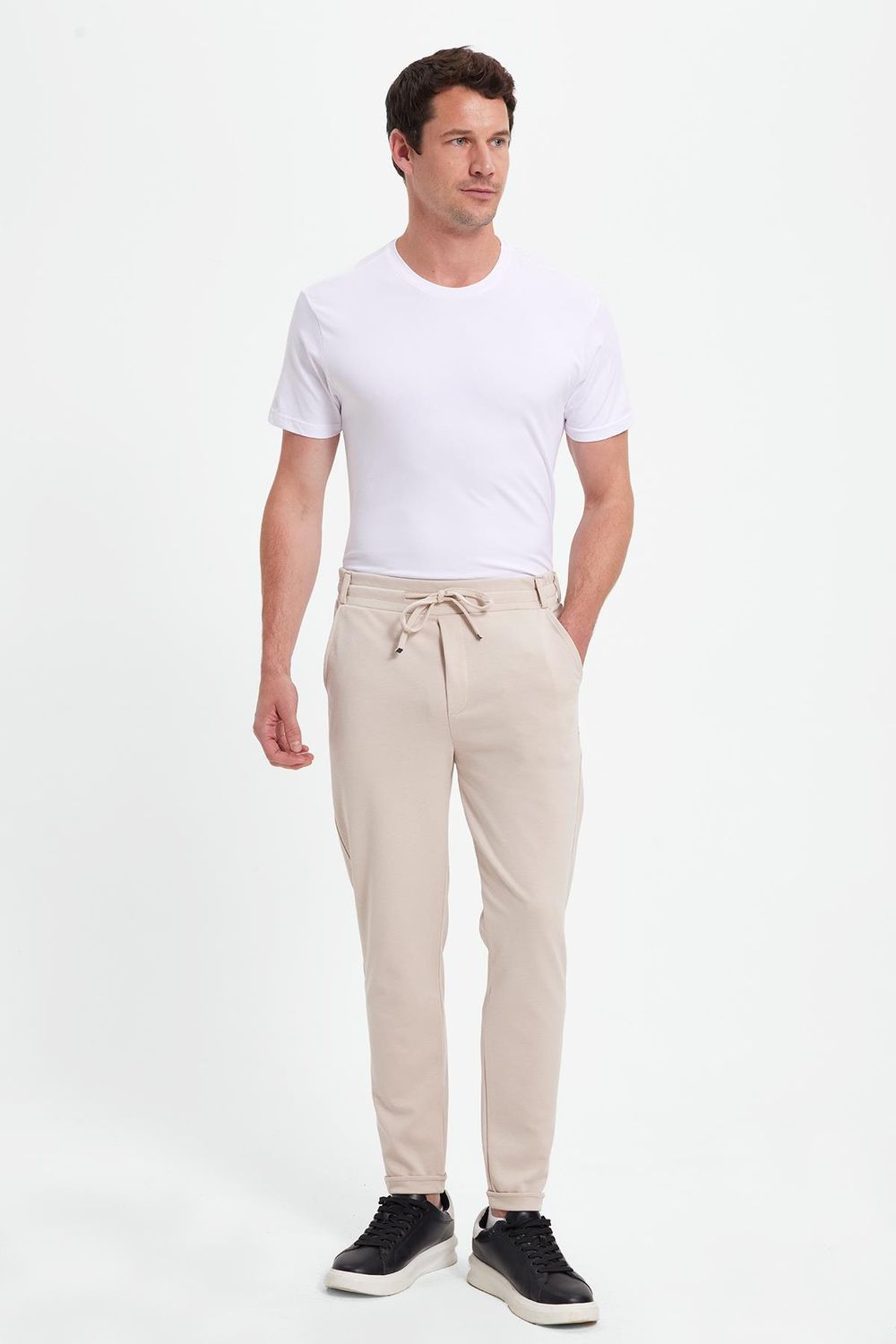 Erkek Slim Fit Pamuklu Beli Bağlamalı Yan Cepli Katlamalı Paça Jogger Bej Pantolon