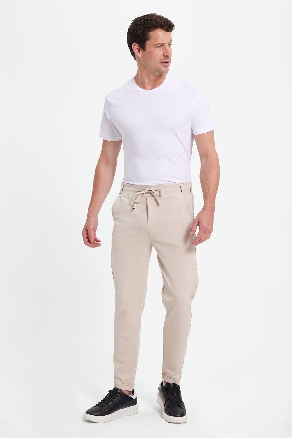 Erkek Slim Fit Pamuklu Beli Bağlamalı Yan Cepli Katlamalı Paça Jogger Bej Pantolon