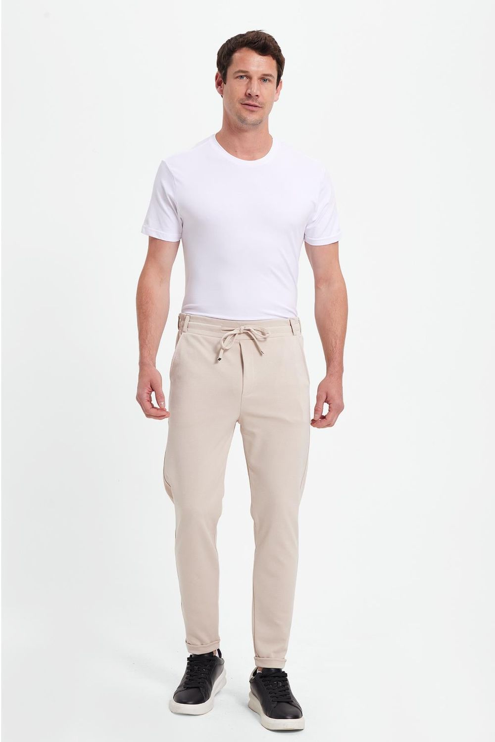Erkek Slim Fit Pamuklu Beli Bağlamalı Yan Cepli Katlamalı Paça Jogger Bej Pantolon