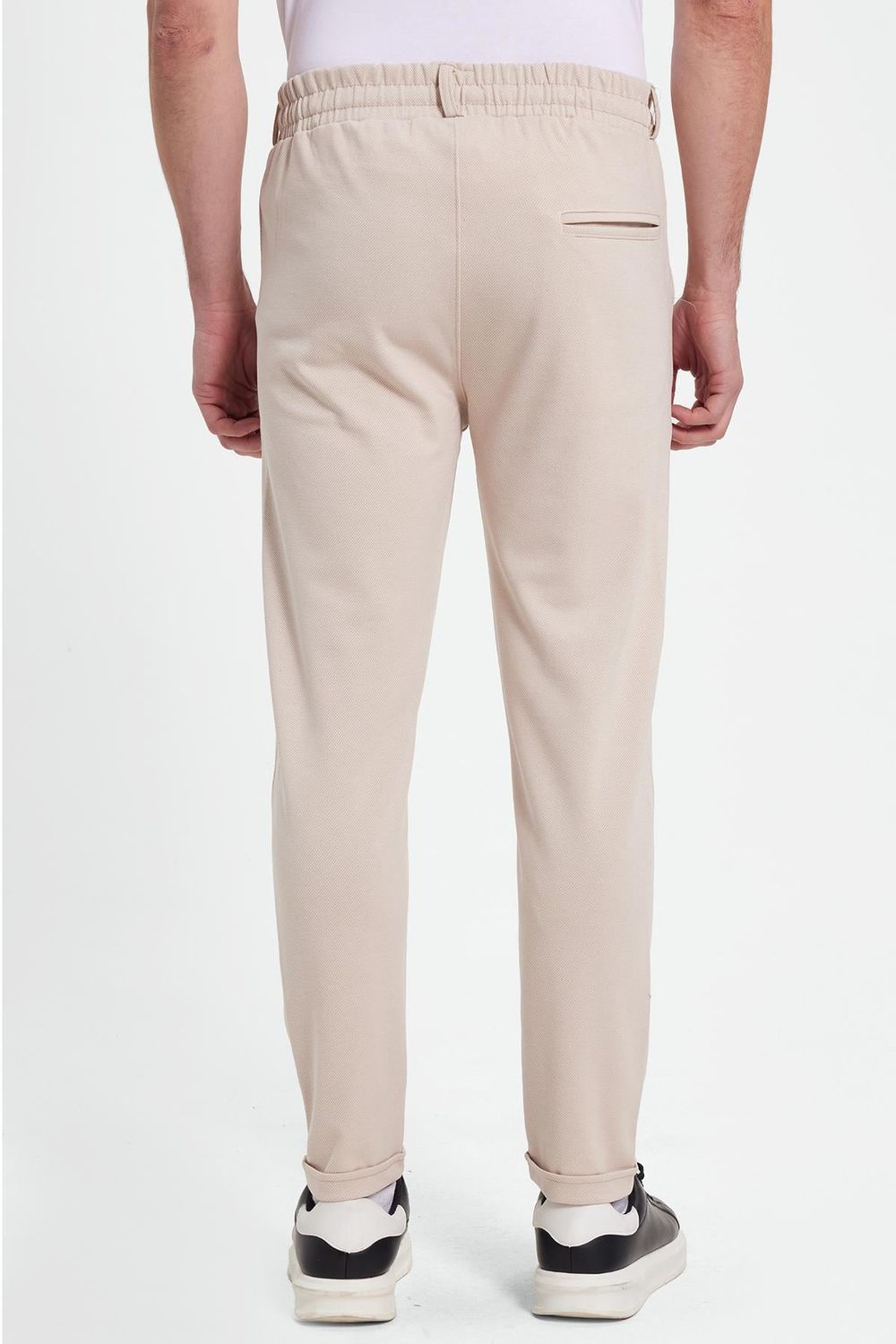 Erkek Slim Fit Pamuklu Beli Bağlamalı Yan Cepli Katlamalı Paça Jogger Bej Pantolon