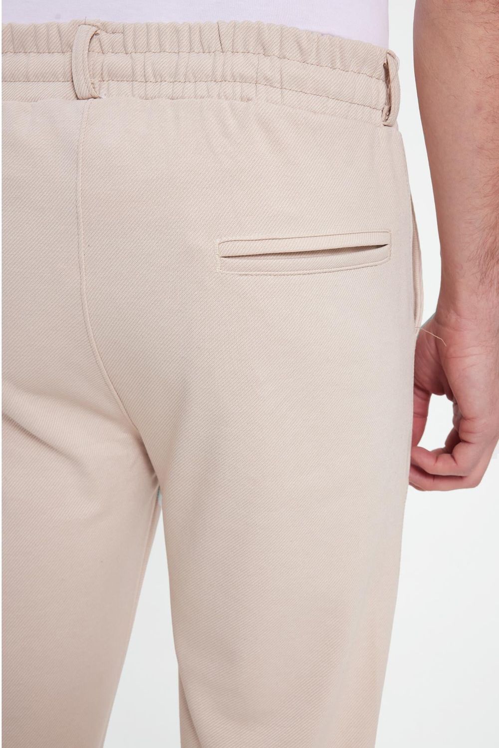 Erkek Slim Fit Pamuklu Beli Bağlamalı Yan Cepli Katlamalı Paça Jogger Bej Pantolon