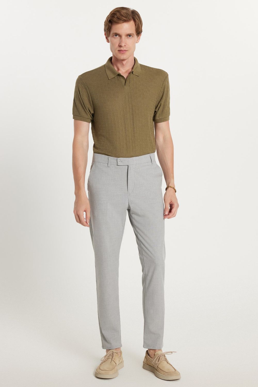 Erkek Slim Fit Dar Kesim Chino Yandan Cepli Pamuklu Gri Pantolon