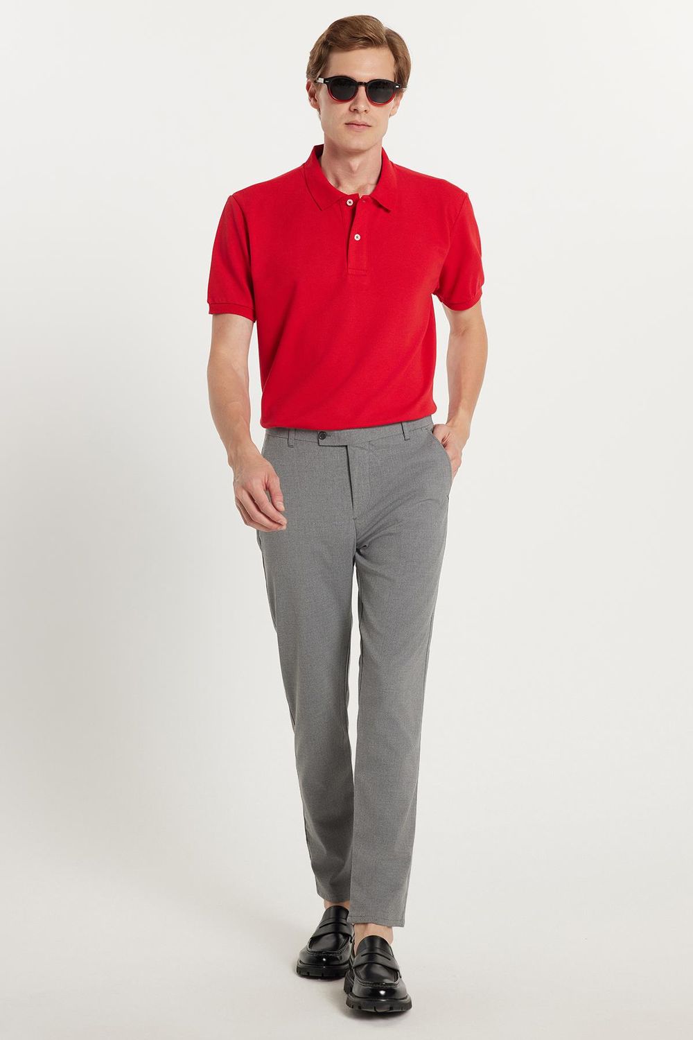 Erkek Slim Fit Dar Kesim Chino Yandan Cepli Pamuklu Koyu Gri Pantolon