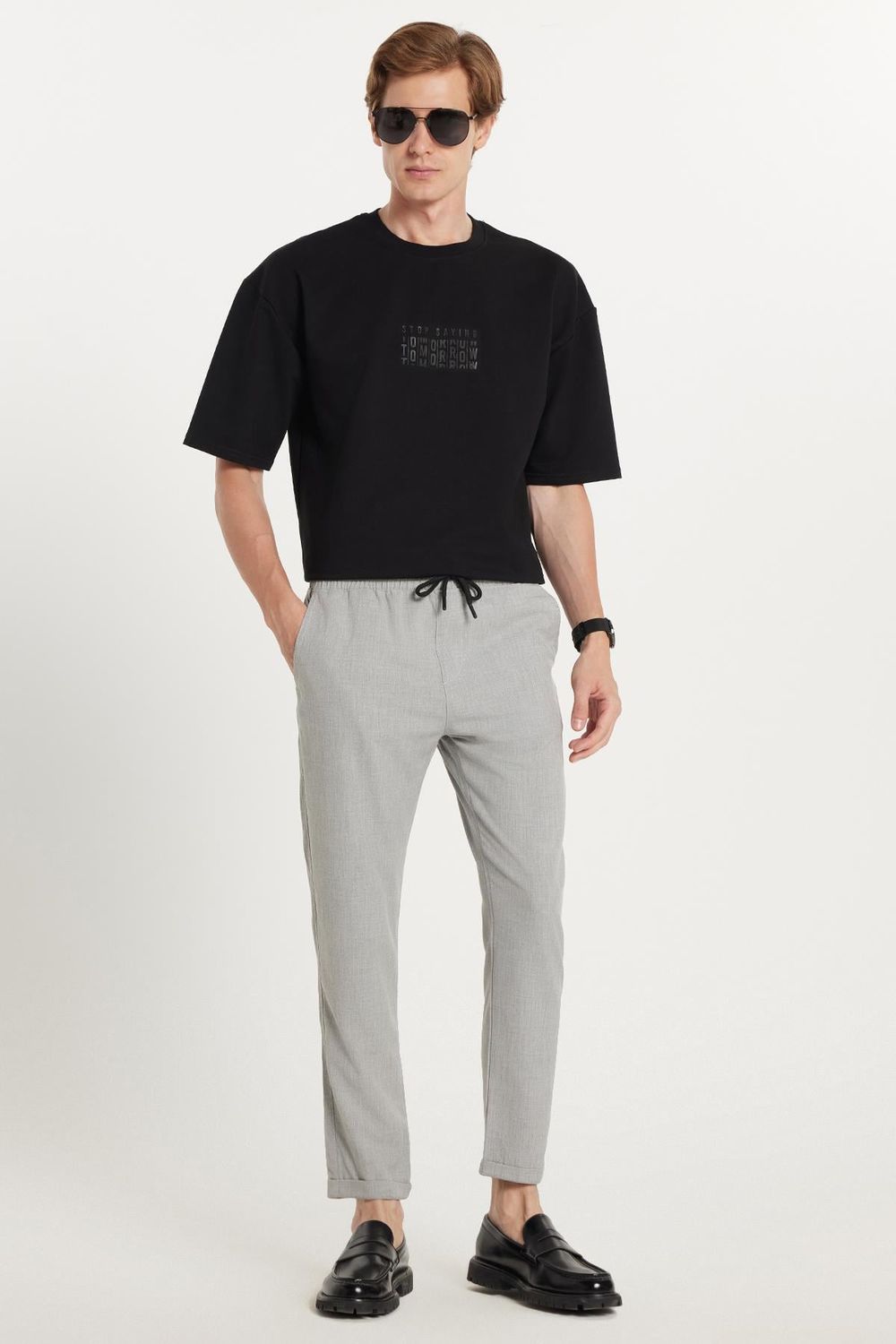Erkek Slim Fit Dar Kesim Pamuklu Lastikli Beli Bağcıklı Gri Pantolon