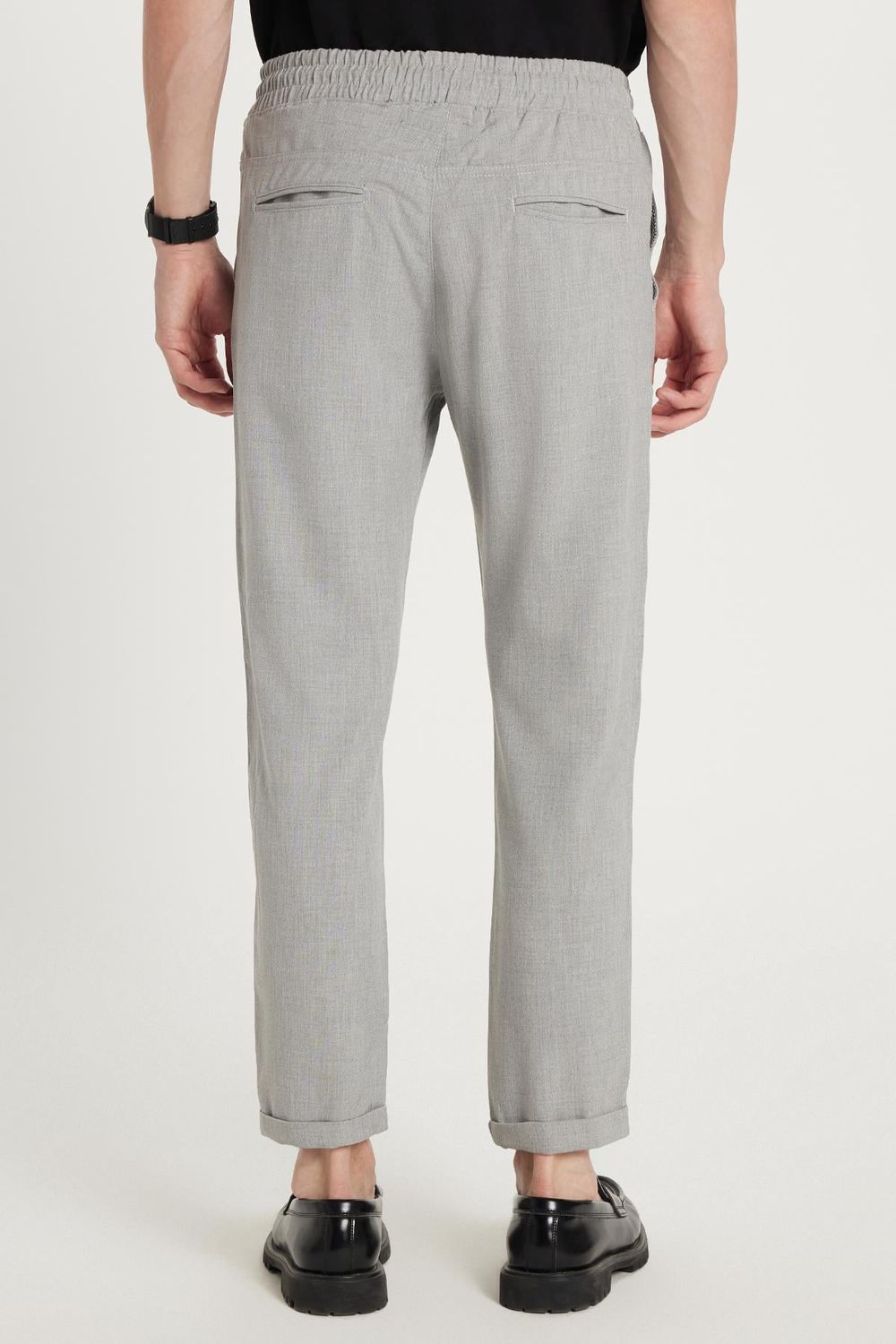 Erkek Slim Fit Dar Kesim Pamuklu Lastikli Beli Bağcıklı Gri Pantolon
