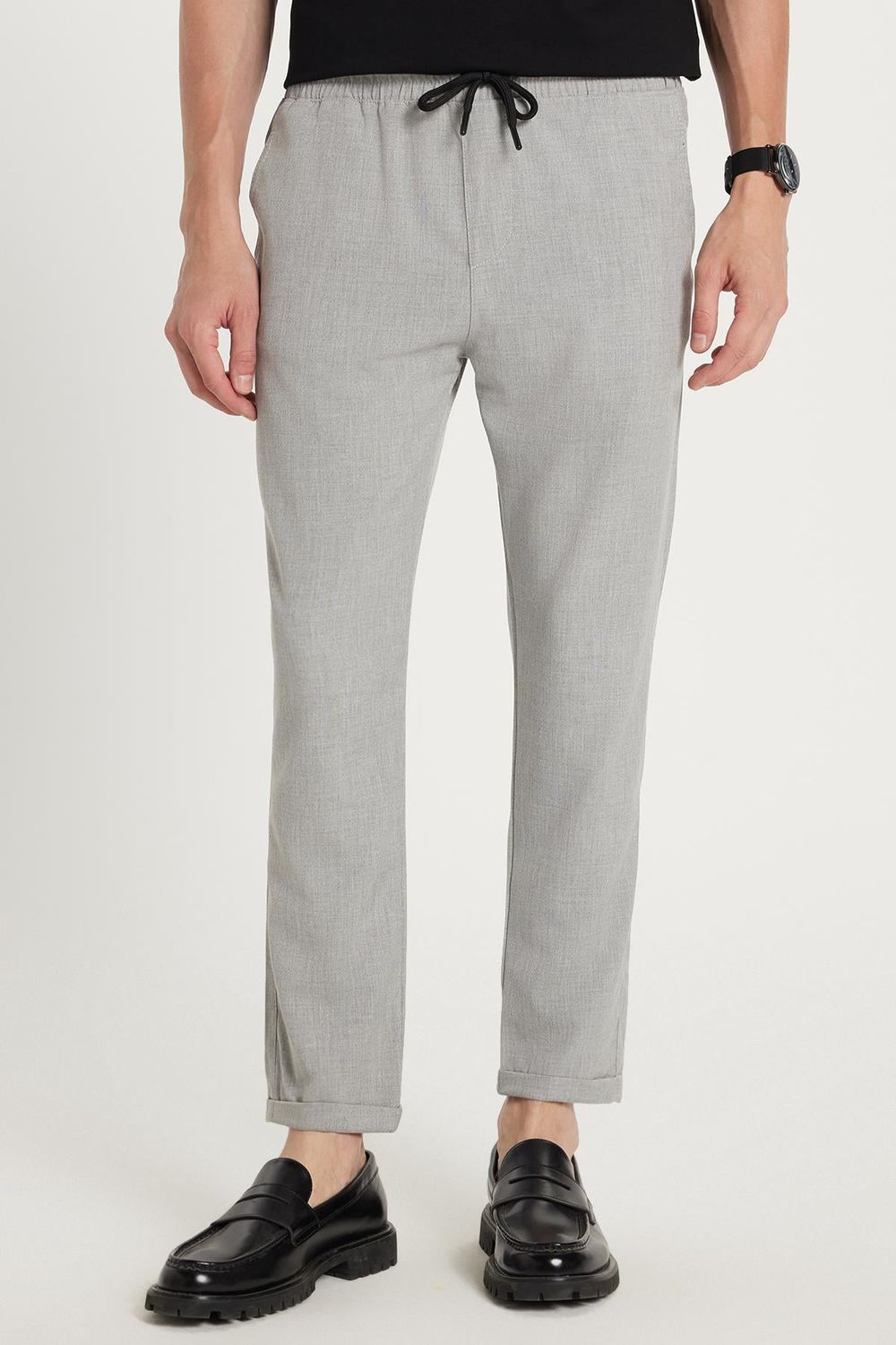 Erkek Slim Fit Dar Kesim Pamuklu Lastikli Beli Bağcıklı Gri Pantolon