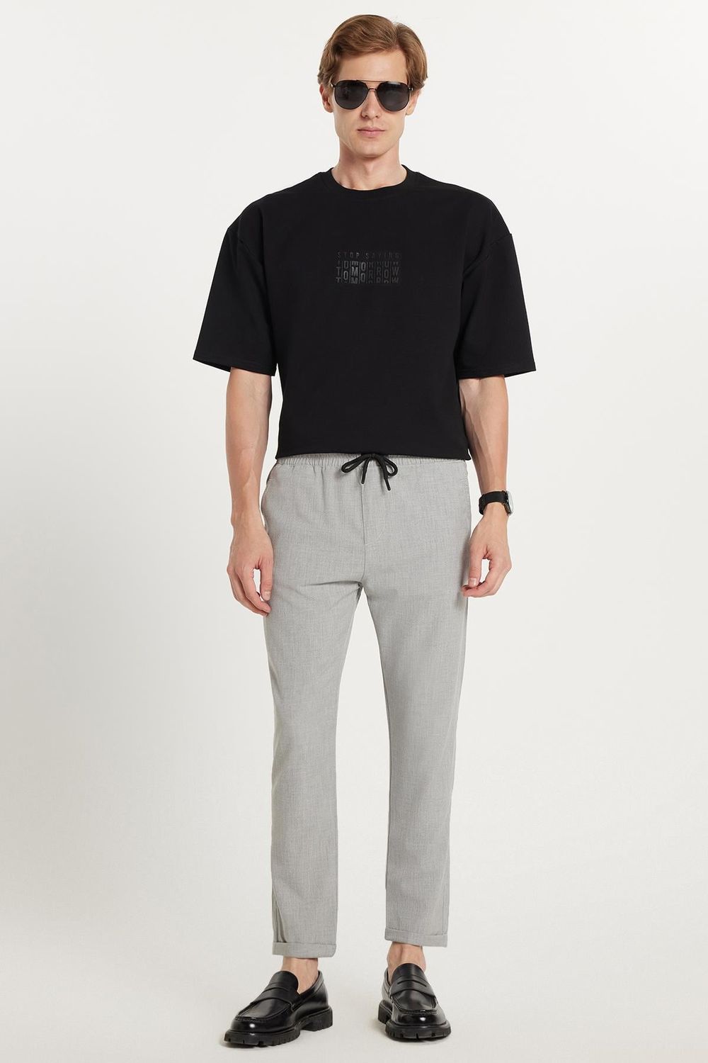 Erkek Slim Fit Dar Kesim Pamuklu Lastikli Beli Bağcıklı Gri Pantolon