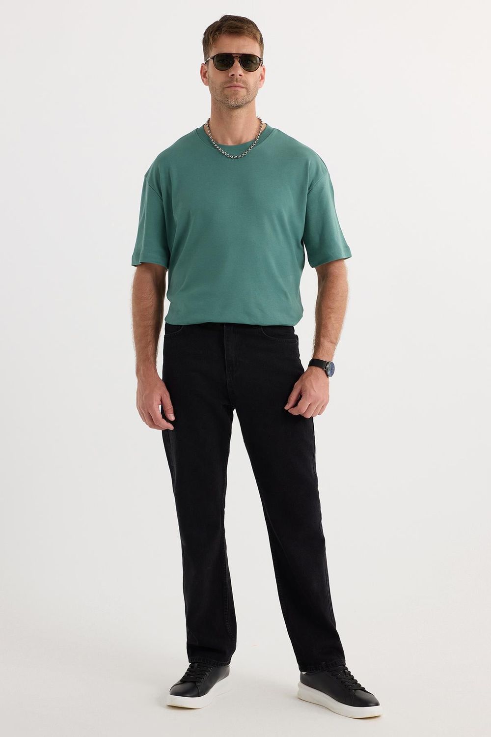 Erkek Regular Fit %100 Pamuk Yan Cepli Baggy Siyah Jean Kot Pantolon