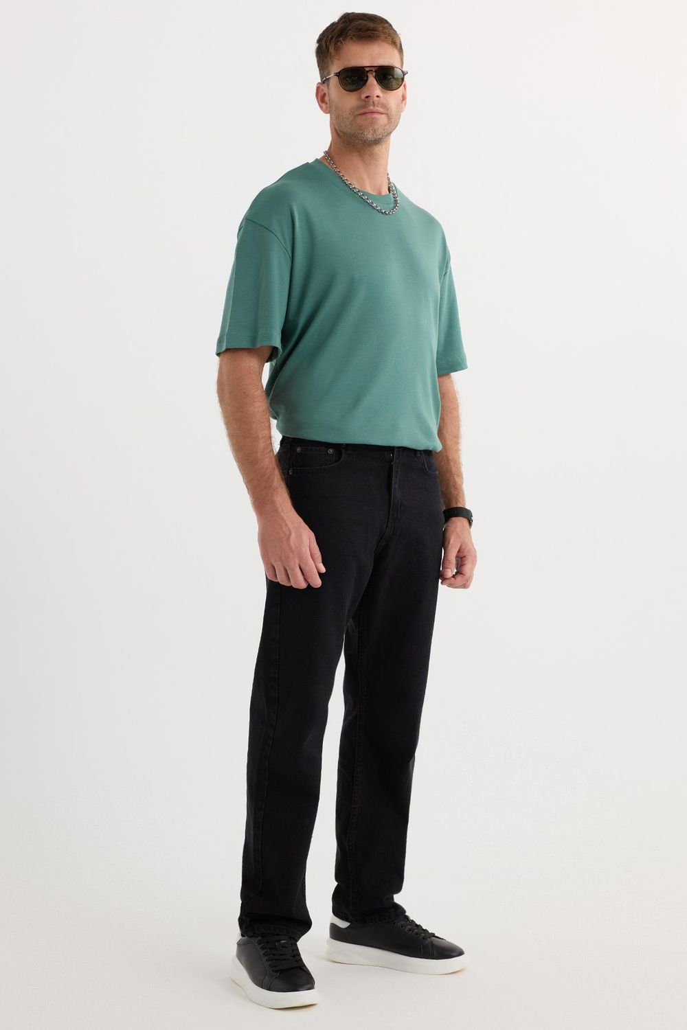 Erkek Regular Fit %100 Pamuk Yan Cepli Baggy Siyah Jean Kot Pantolon