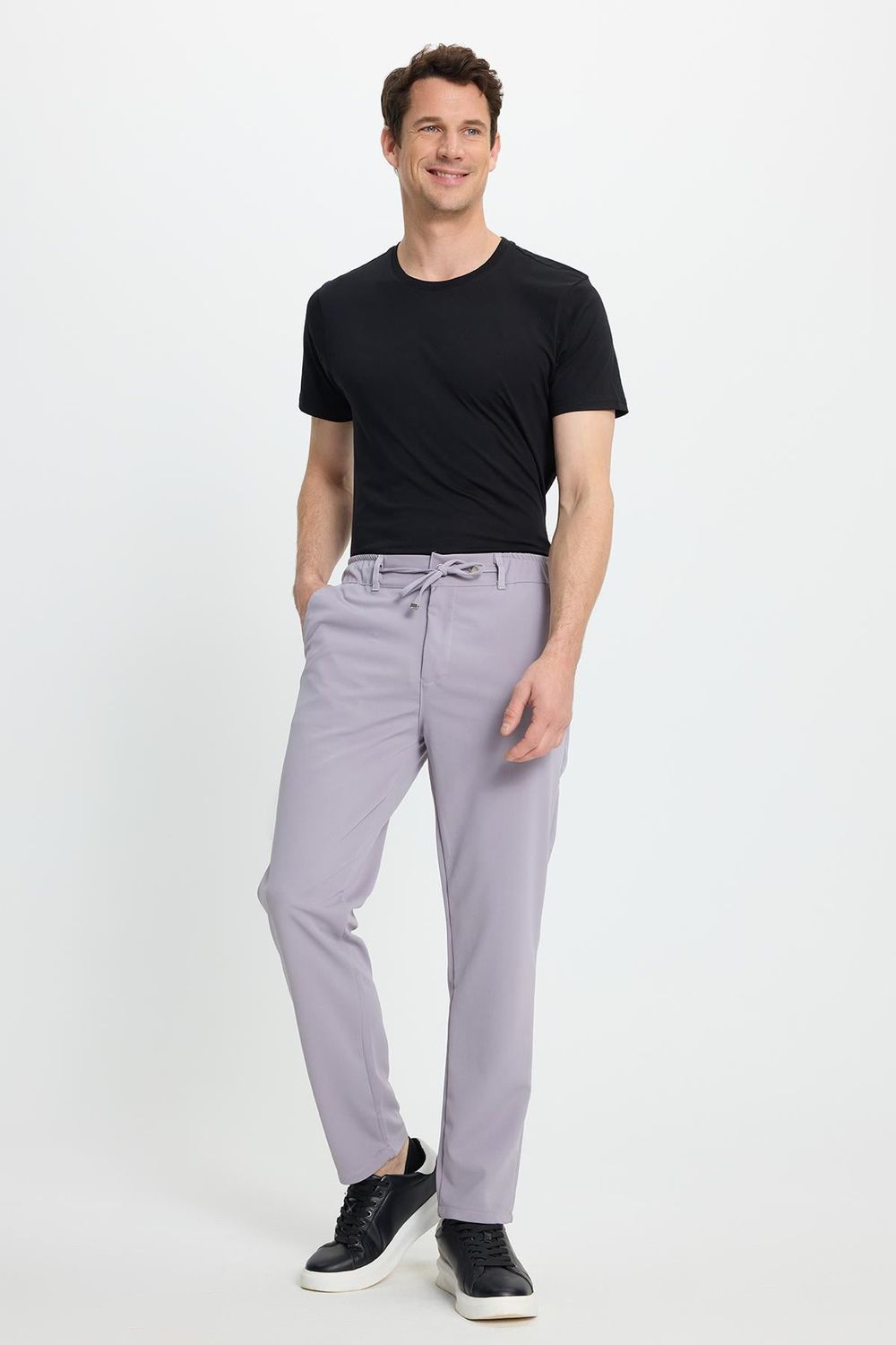 Erkek Slim Fit Dar Kesim Beli Lastikli Bağcık Detaylı Gri Pantolon