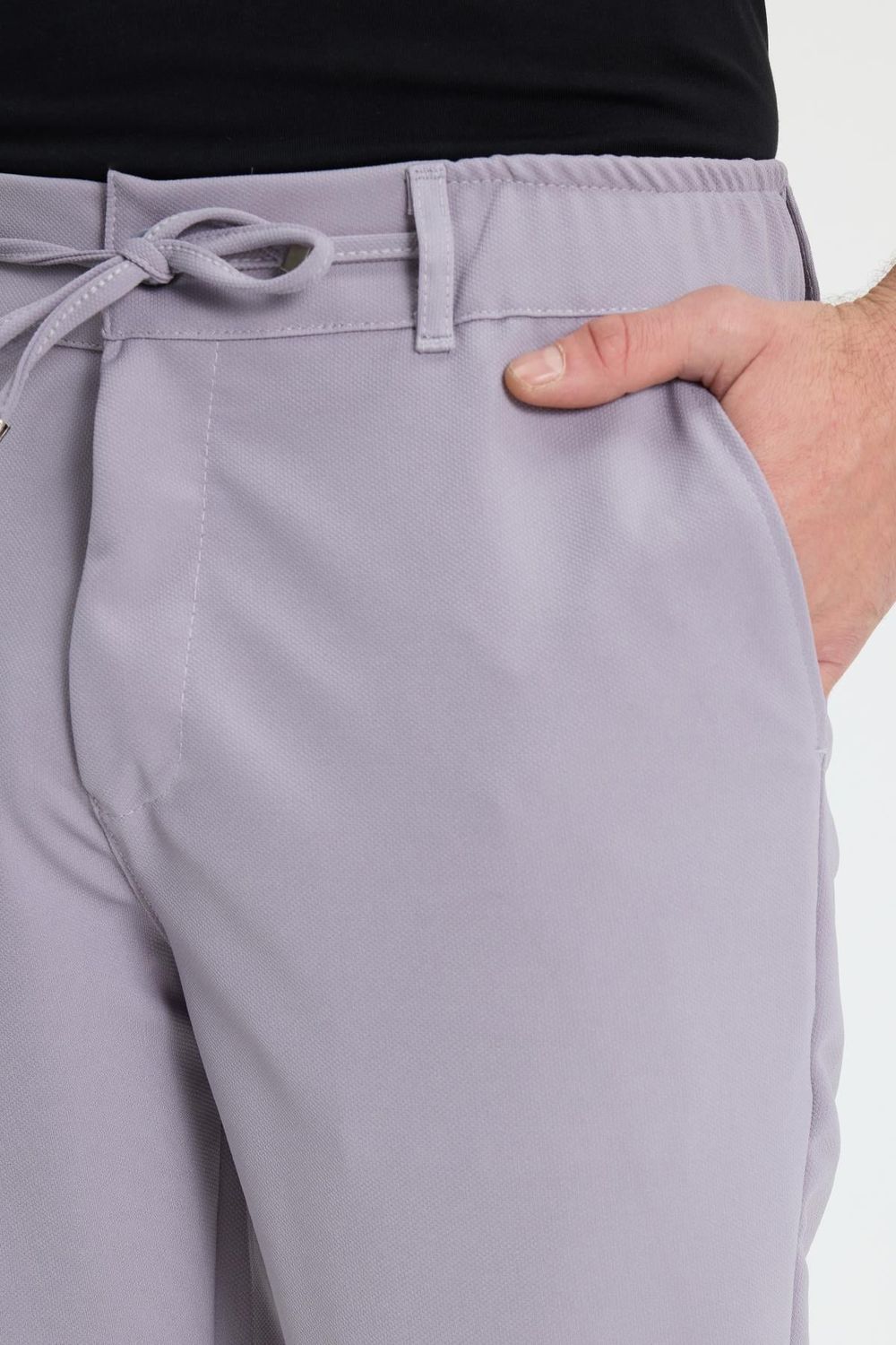 Erkek Slim Fit Dar Kesim Beli Lastikli Bağcık Detaylı Gri Pantolon