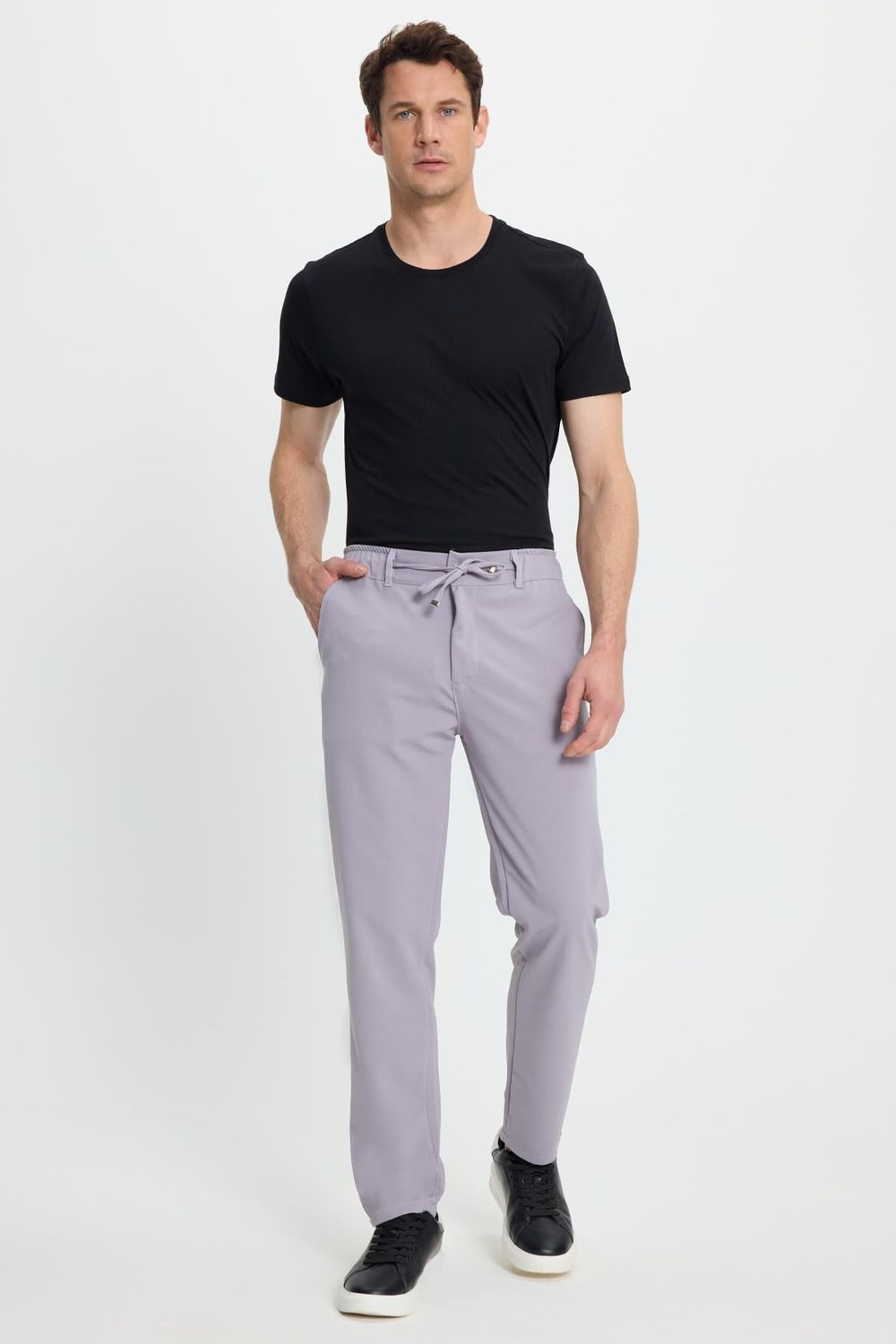 Erkek Slim Fit Dar Kesim Beli Lastikli Bağcık Detaylı Gri Pantolon