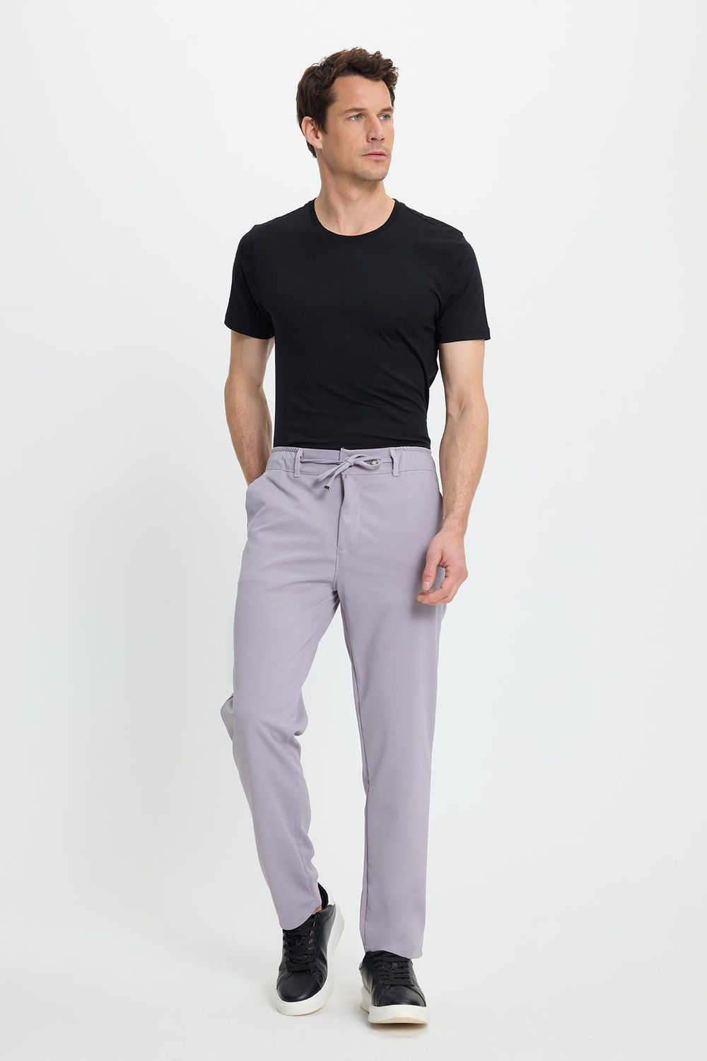 Erkek Slim Fit Dar Kesim Beli Lastikli Bağcık Detaylı Gri Pantolon